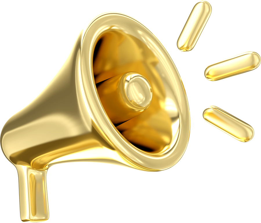 3d gold megaphone speaker icon. Loudspeaker gold color. Speaking trumpet. 3d rendering